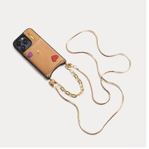 Bandolier Tan Phone Case with Gold Chain and Heart Accents